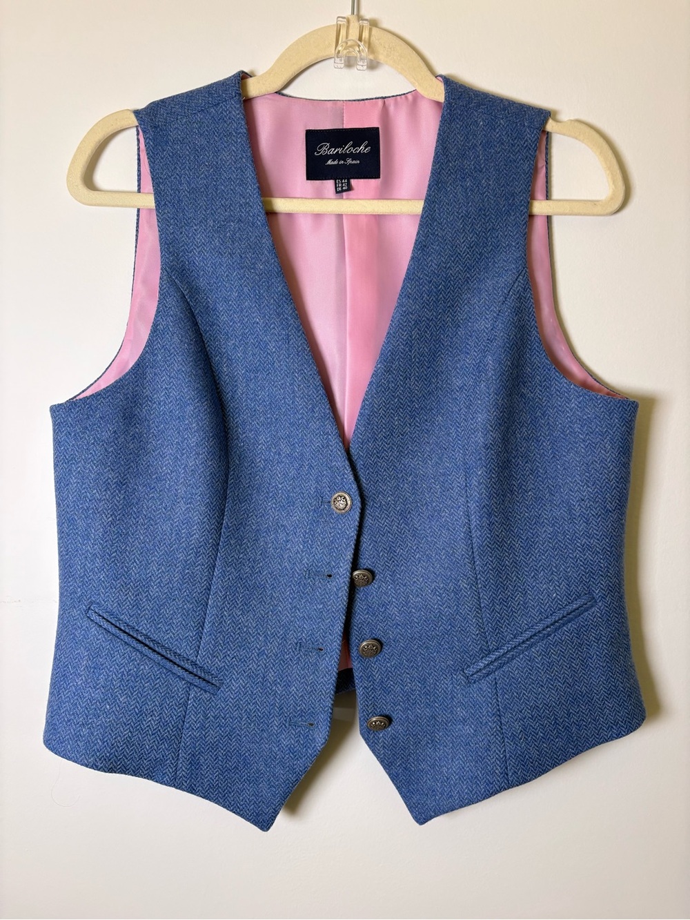 Women's Blue Wool Vest with Pink Lining